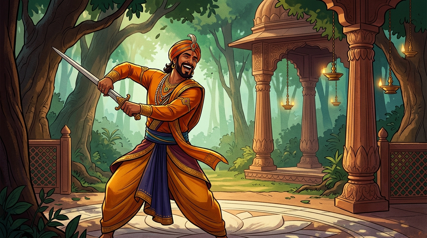 Within seven days, Emperor Chandrasena stands strong and radiant, practicing swordplay