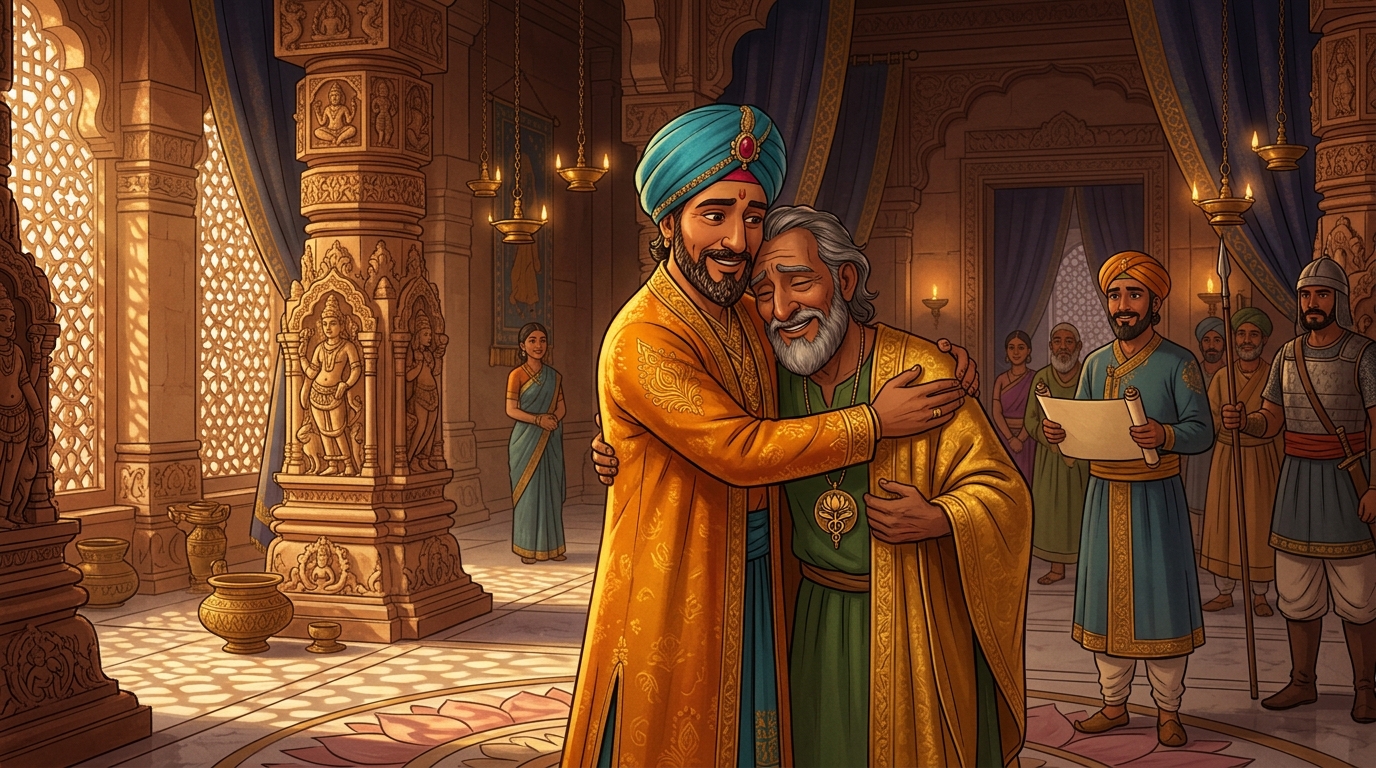 The Emperor embraces Vaidya Jivakacharya, awarding him the golden robe of Chief Healer