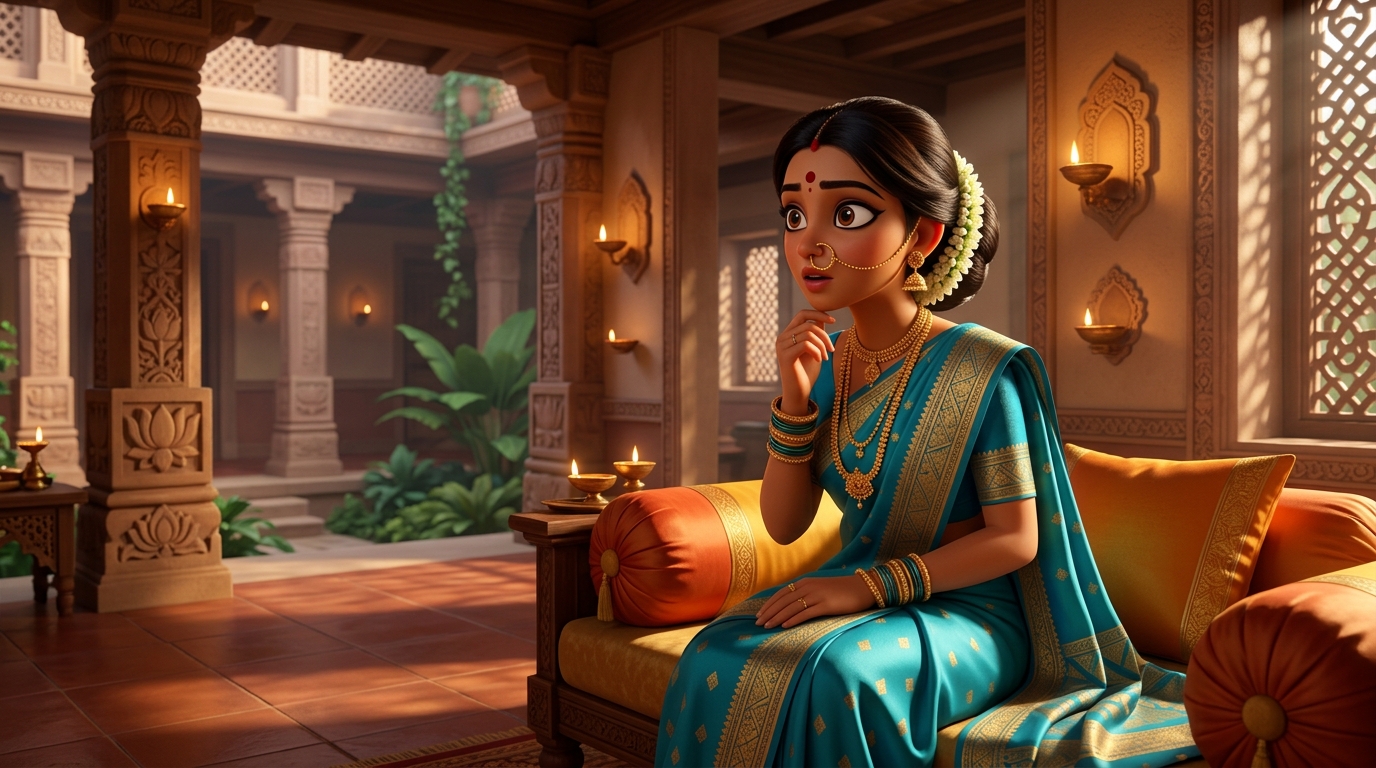 Prabhavati sitting on the bolsters, wide-eyed with realization at the healing power of simplicity