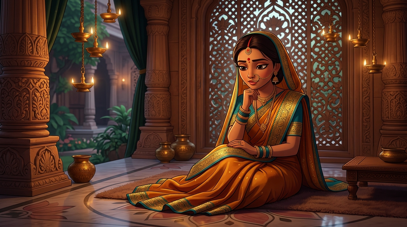 Prabhavati in deep contemplation, realizing happiness resides in the sanctuary of home