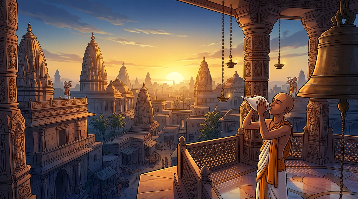 Golden dawn sunlight flooding across the Chandravati skyline as temple conches sound