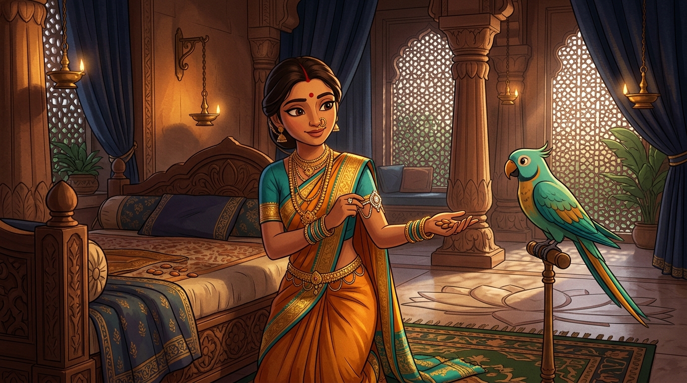 Prabhavati unclasps the diamond armlet, gives Shuka sweet almonds, retreats peacefully