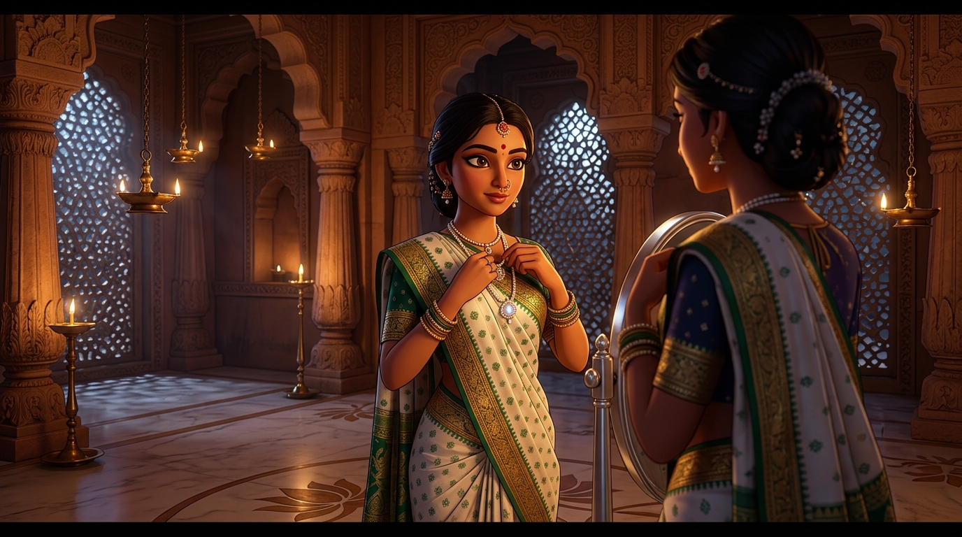 Prabhavati in pearl-white and silver silk fastening the moonstone pendant by candlelight