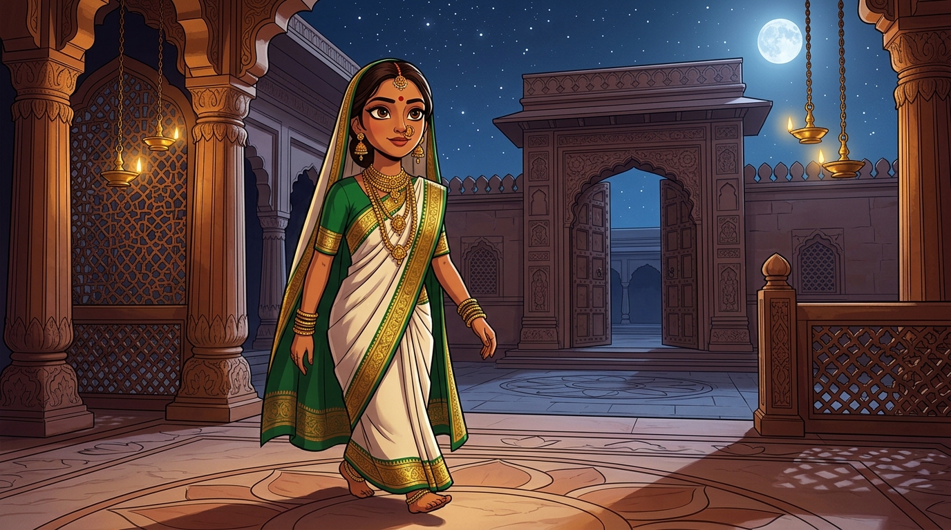 Prabhavati walking toward the courtyard gate with swift, confident steps under the starry moonlit sky