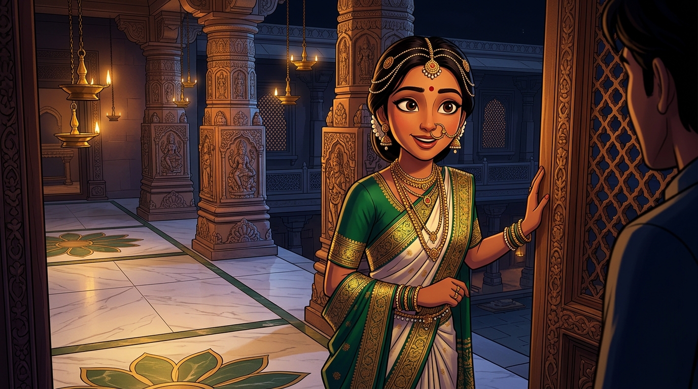 Prabhavati pausing on the doorstep with an amused smile