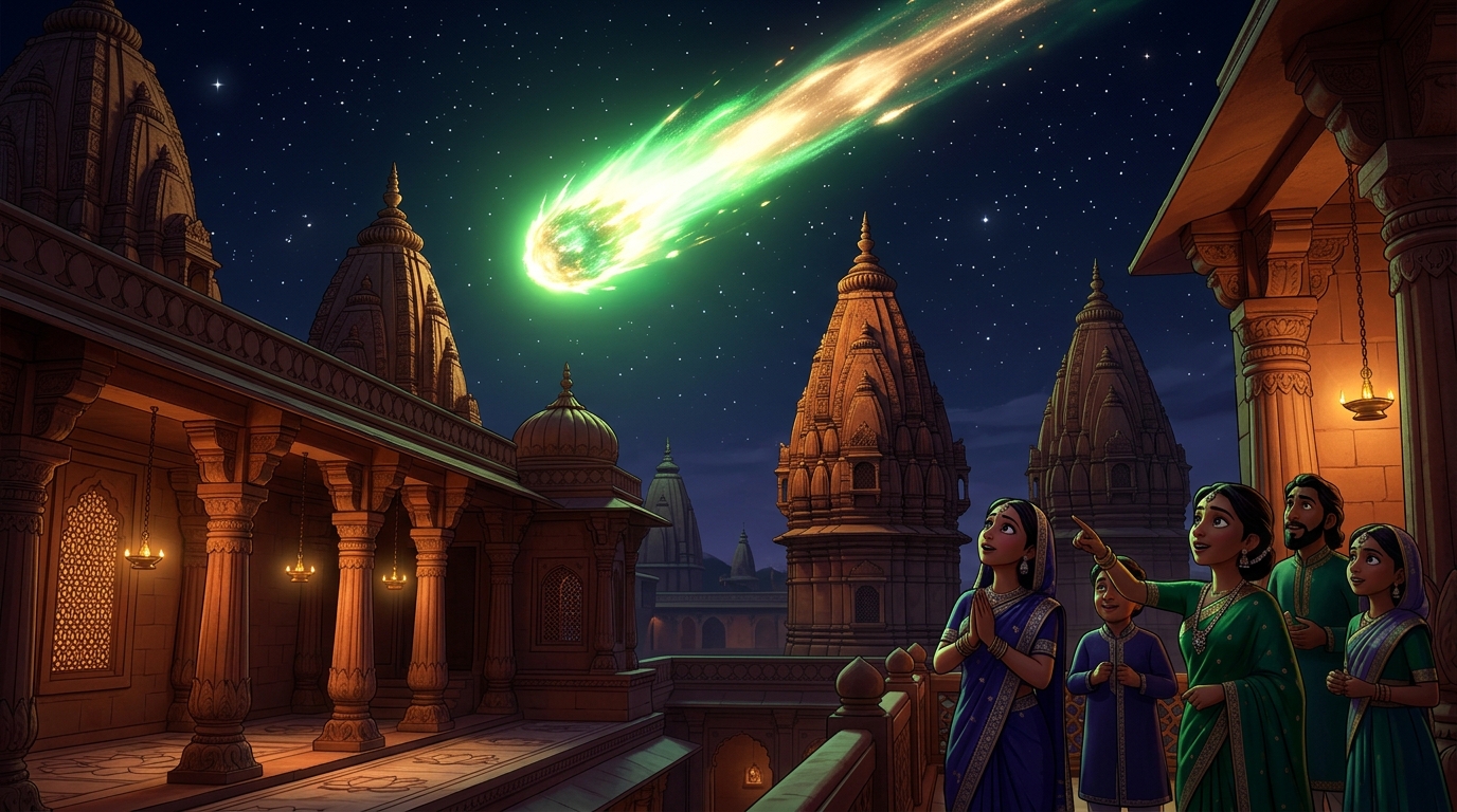 In the midnight sky over ancient Ujjayini, a giant blazing green meteor streaks across the stars