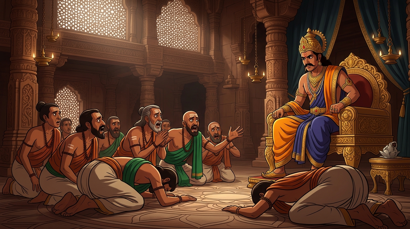 Terrified court doom-prophets prostrating before King Jayapala, demanding he surrender the crown