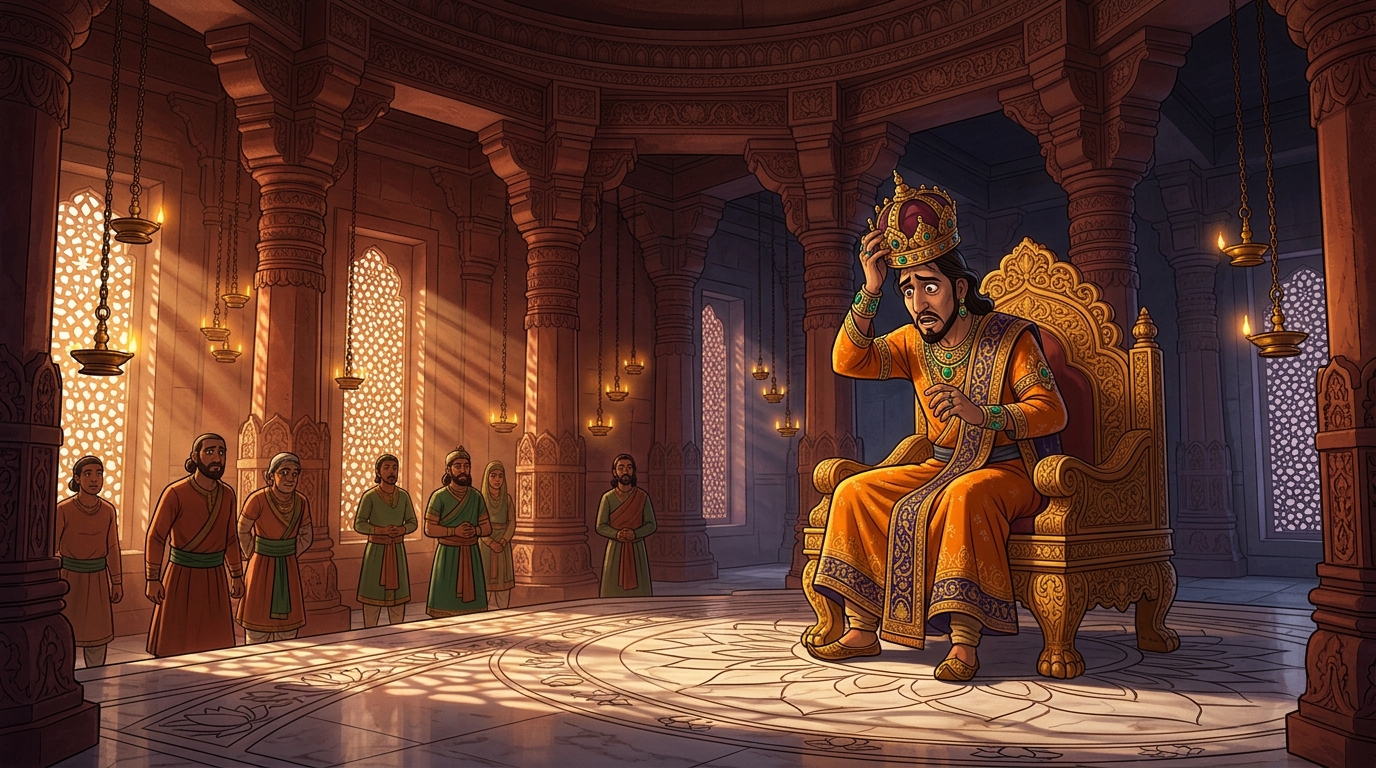 King Jayapala sitting pale and trembling on his golden throne, about to unfasten his crown