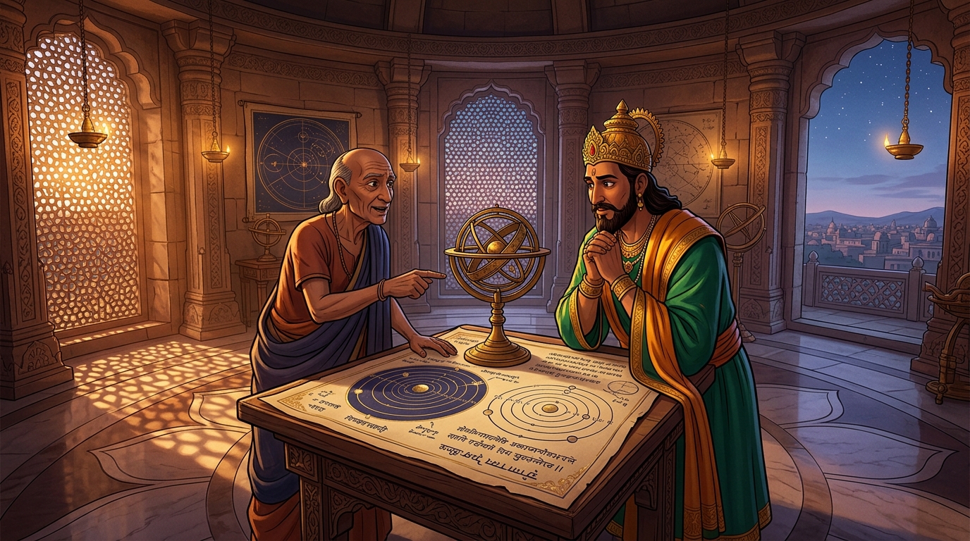 In the observatory tower, Aryagupta shows King planetary charts explaining natural orbits