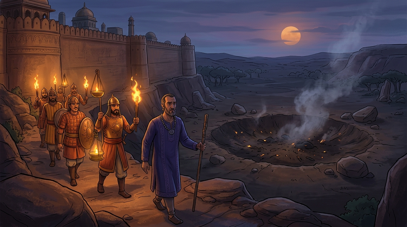 Aryagupta leads royal soldiers with torches out to the impact crater in the valley