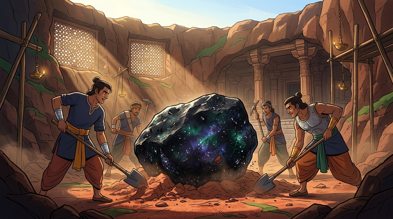 In the crater, soldiers dig up a heavy glowing black meteorite rock rich in dense iron