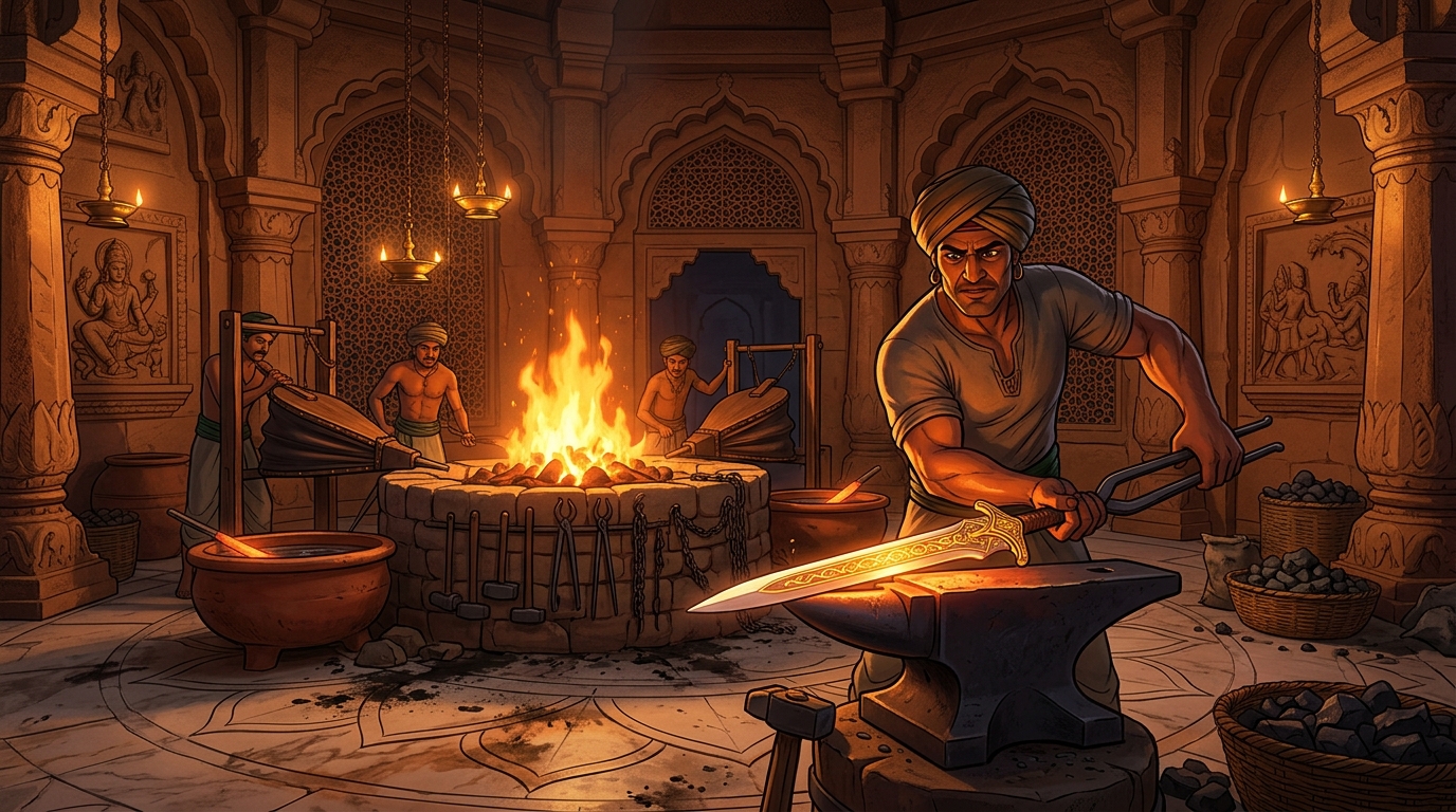 Palace blacksmiths forge the celestial iron over roaring flames into a sword of justice
