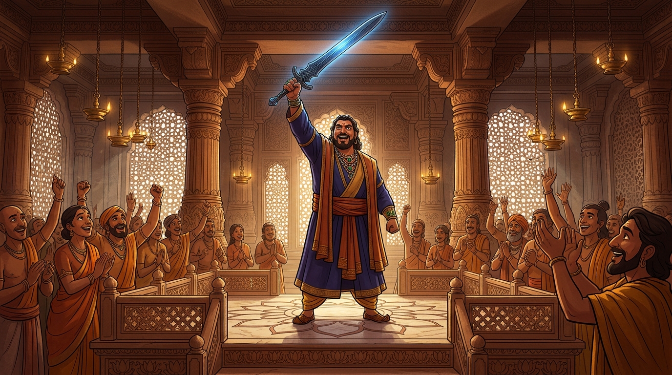 King Jayapala raises the meteoric sword high, its edge gleaming with celestial blue light