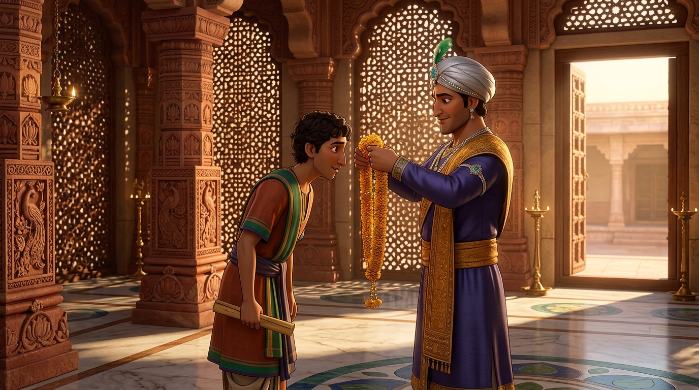 The King places a golden silk garland around Aryagupta's neck, honoring his knowledge