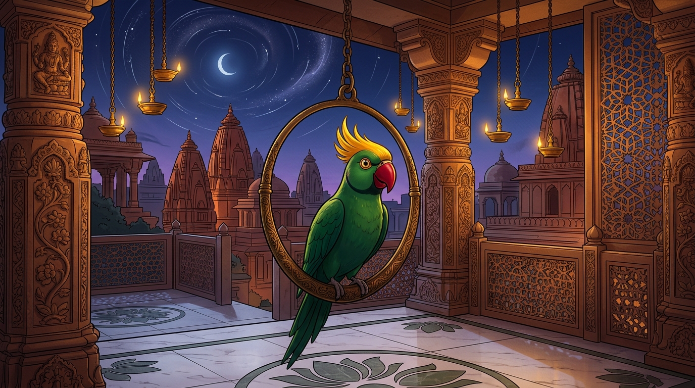Back on the terrace in Chandravati, Shuka concluding the tale with piercing moral clarity