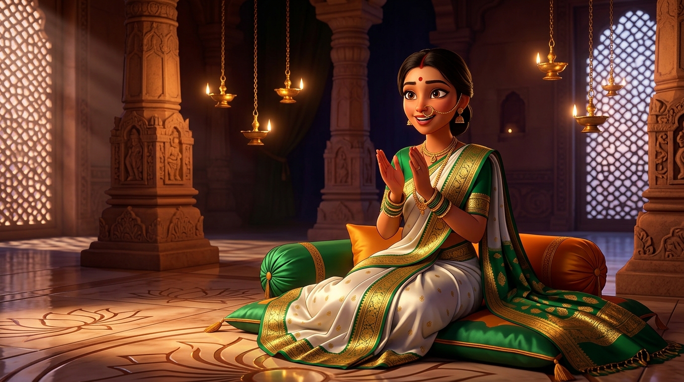 Prabhavati sitting on the silk cushions, clapping in wonder at the power of righteous karma