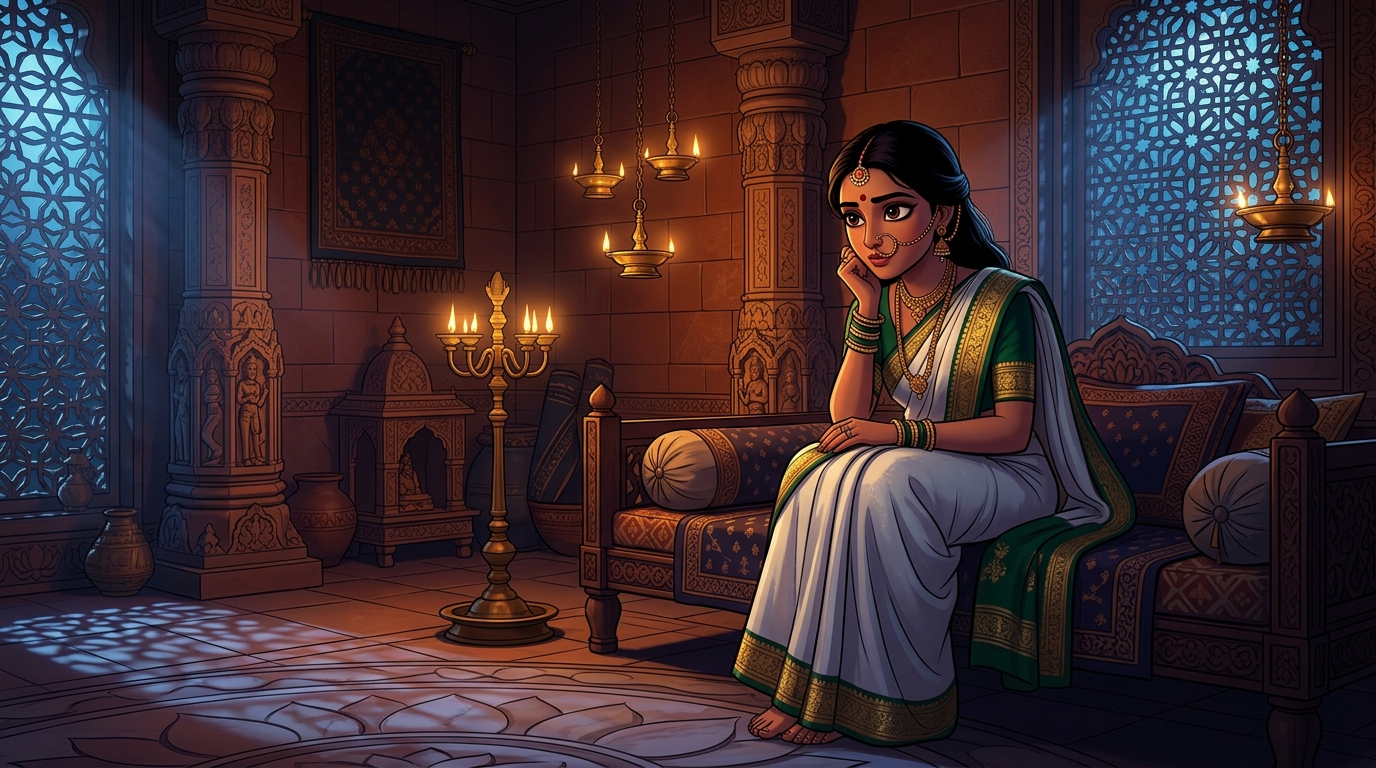 Prabhavati in deep contemplation, realizing she holds power over her own destiny