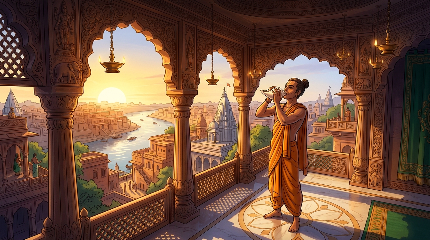 Golden dawn sunlight flooding across the sandstone arches as temple conches sound