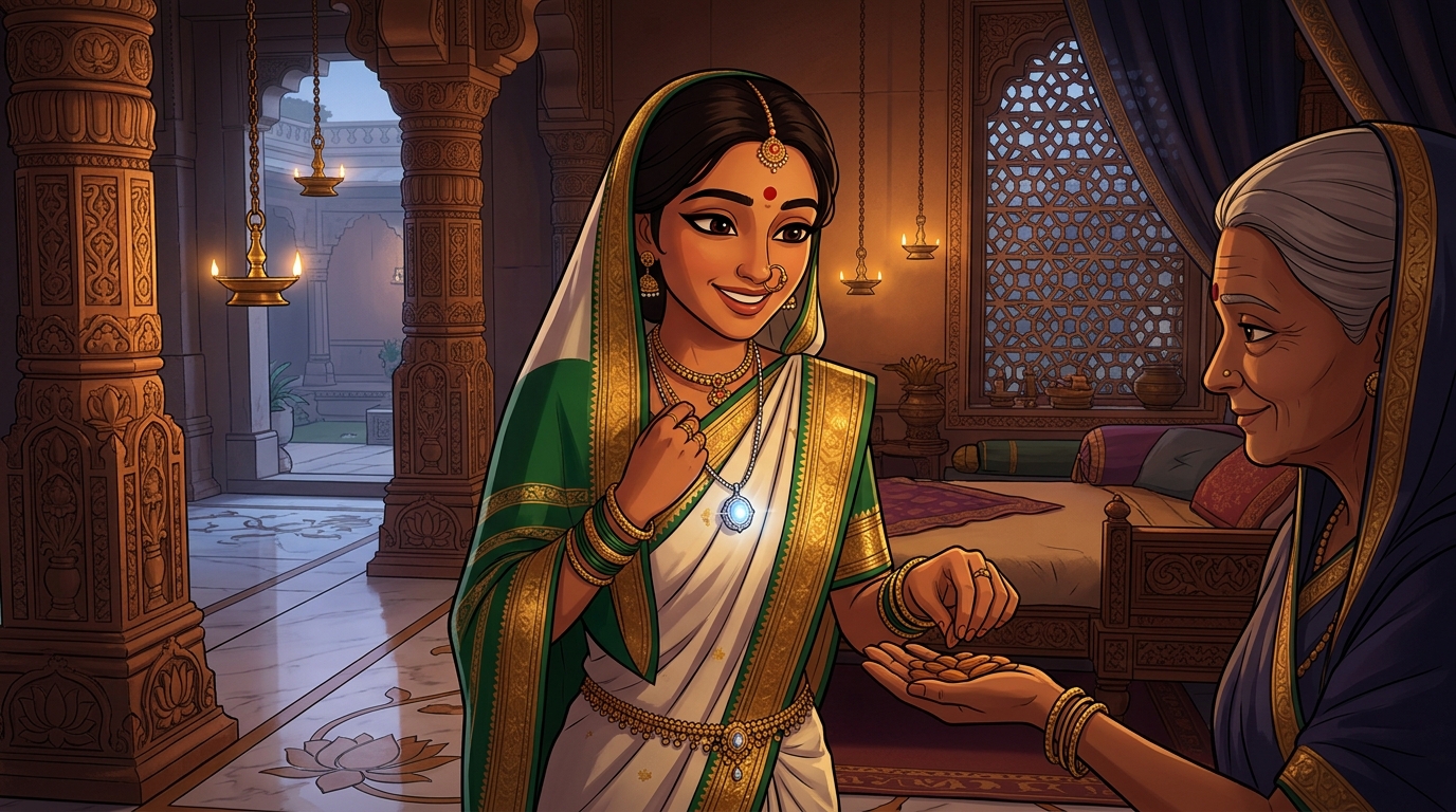 Prabhavati unclasps the moonstone pendant, hands Shuka sweet almonds, retreats peacefully