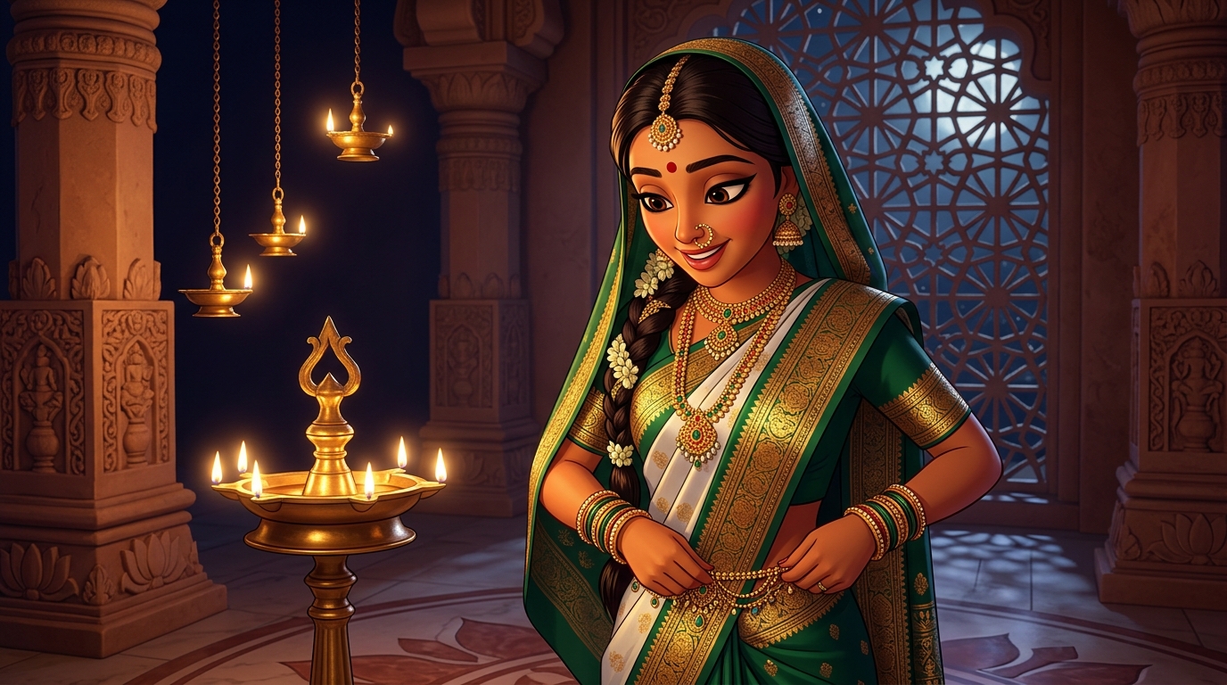 Prabhavati in emerald-and-gold silk fastening the waist chain by candlelight