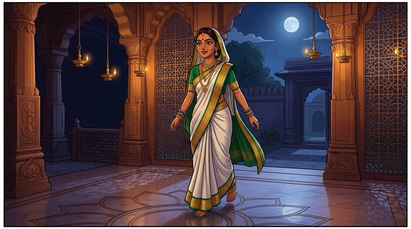 Prabhavati stepping toward the courtyard gate with swift, eager steps under the moonlit sky