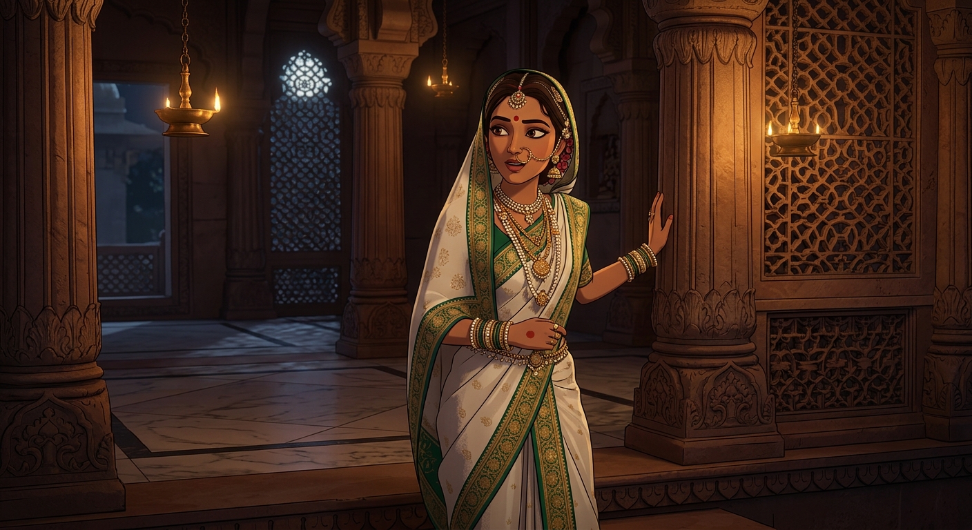 Prabhavati pausing on the doorstep with an amused smile