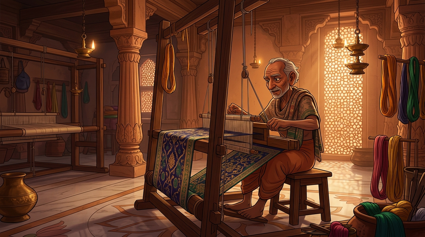In the silk quarter of Kashi, master weaver Devadasa works at his loom, weaving gossamer brocade