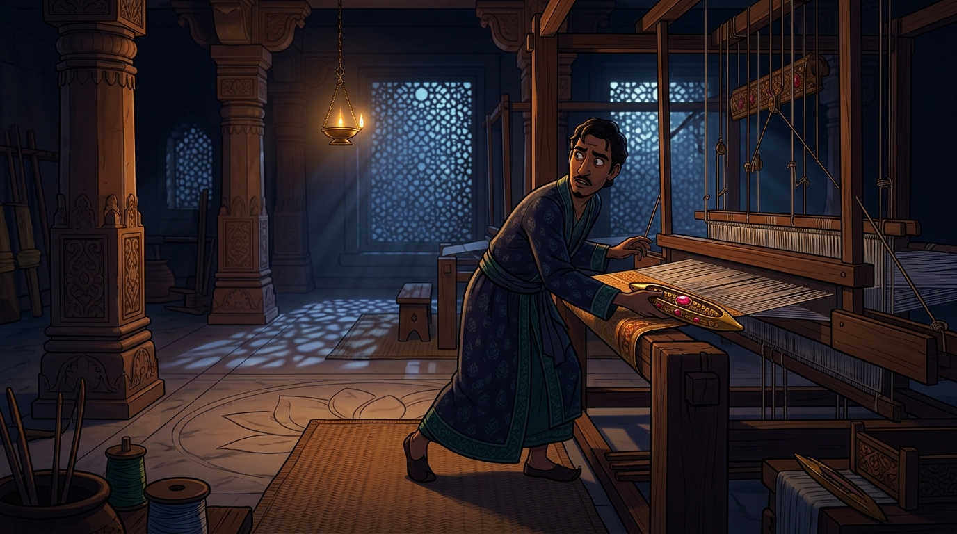 At midnight, Dhanapala sneaks into workshop, slipping ruby golden shuttle into Devadasa's loom