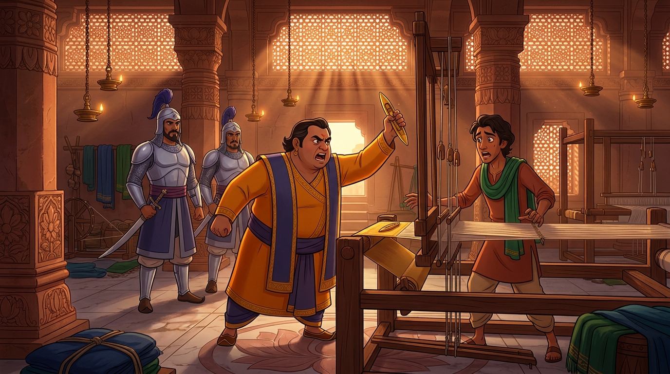 At dawn, Dhanapala brings royal guards to the workshop, pulling golden shuttle from the loom