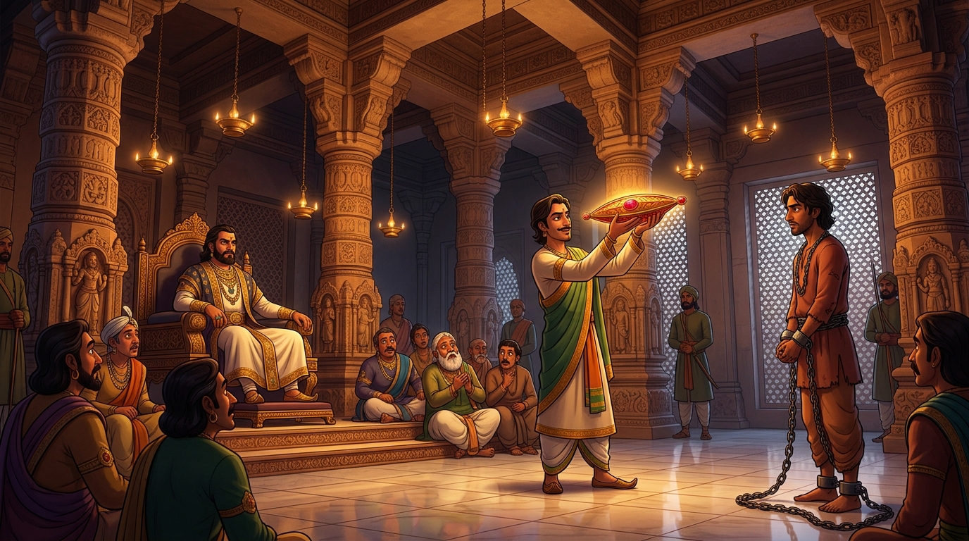 In the courtroom of King Someshwara, Devadasa stands in chains while Dhanapala displays shuttle