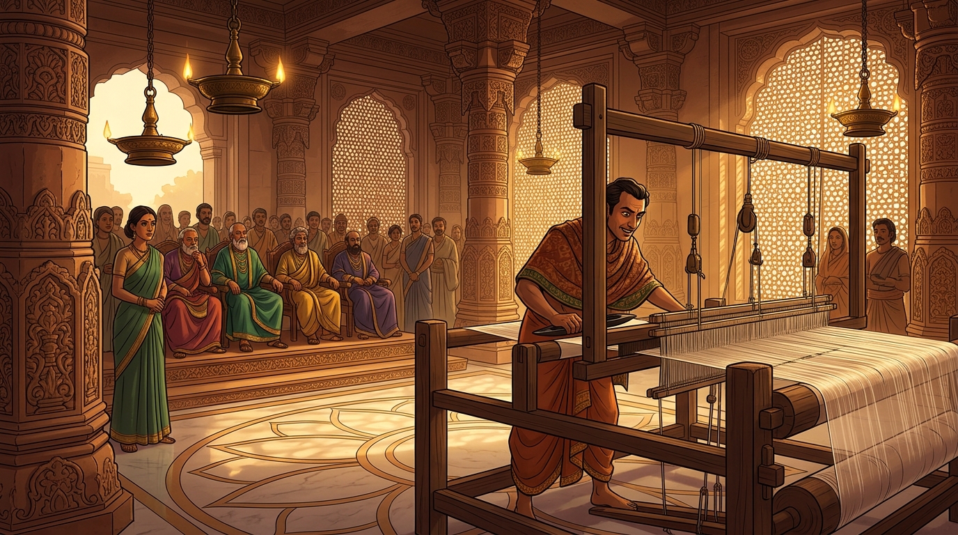 Devadasa brings his loom into court, showing 1,600-ply gossamer silk requires light ebony shuttle