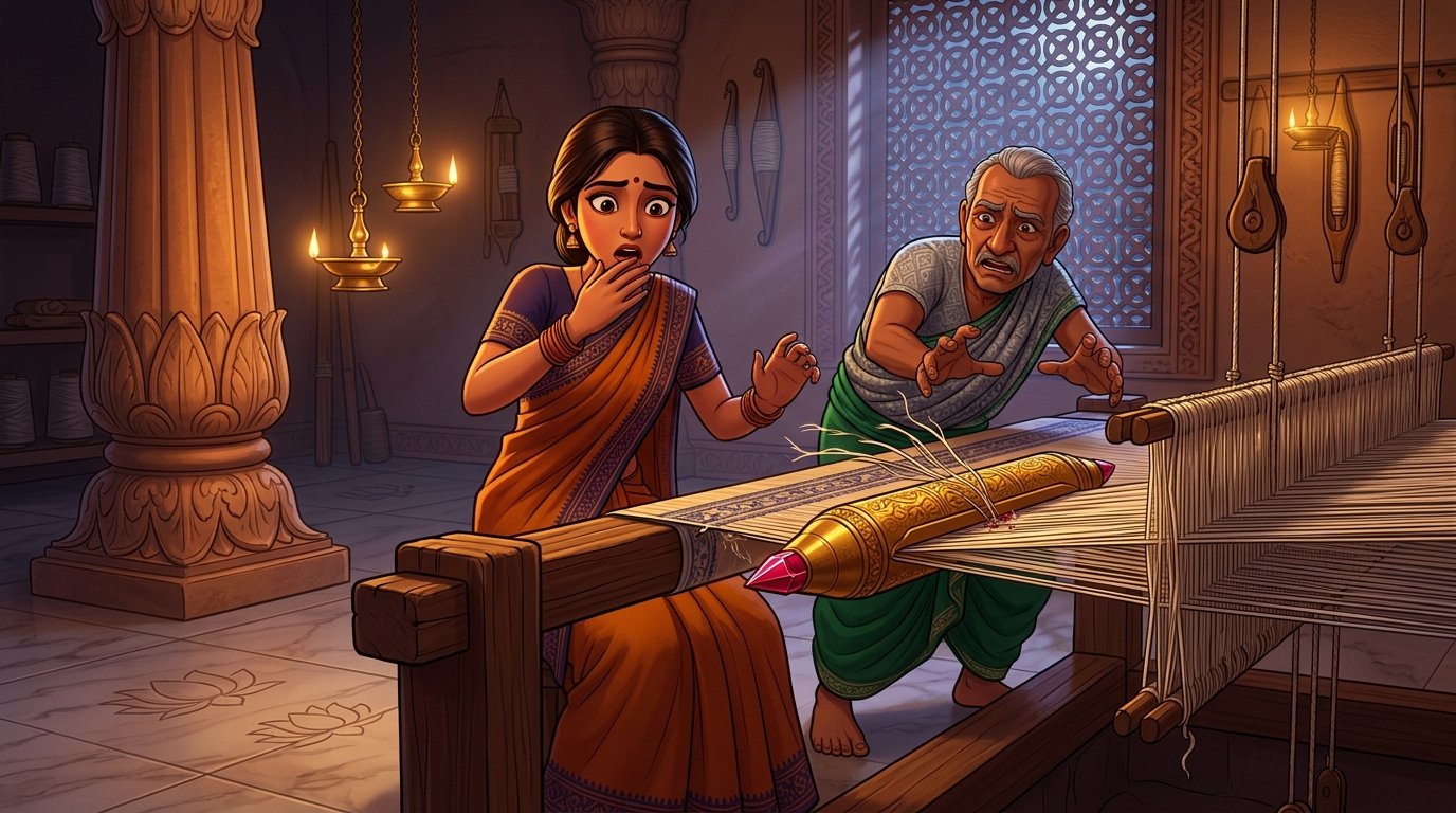 When the heavy golden shuttle is pushed, its sharp ruby edges instantly snap the warp threads