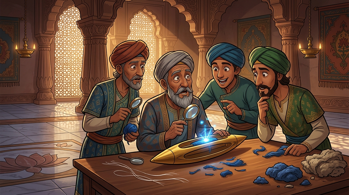 Court scholars examine the shuttle, discovering blue wool fibers from Dhanapala's shop