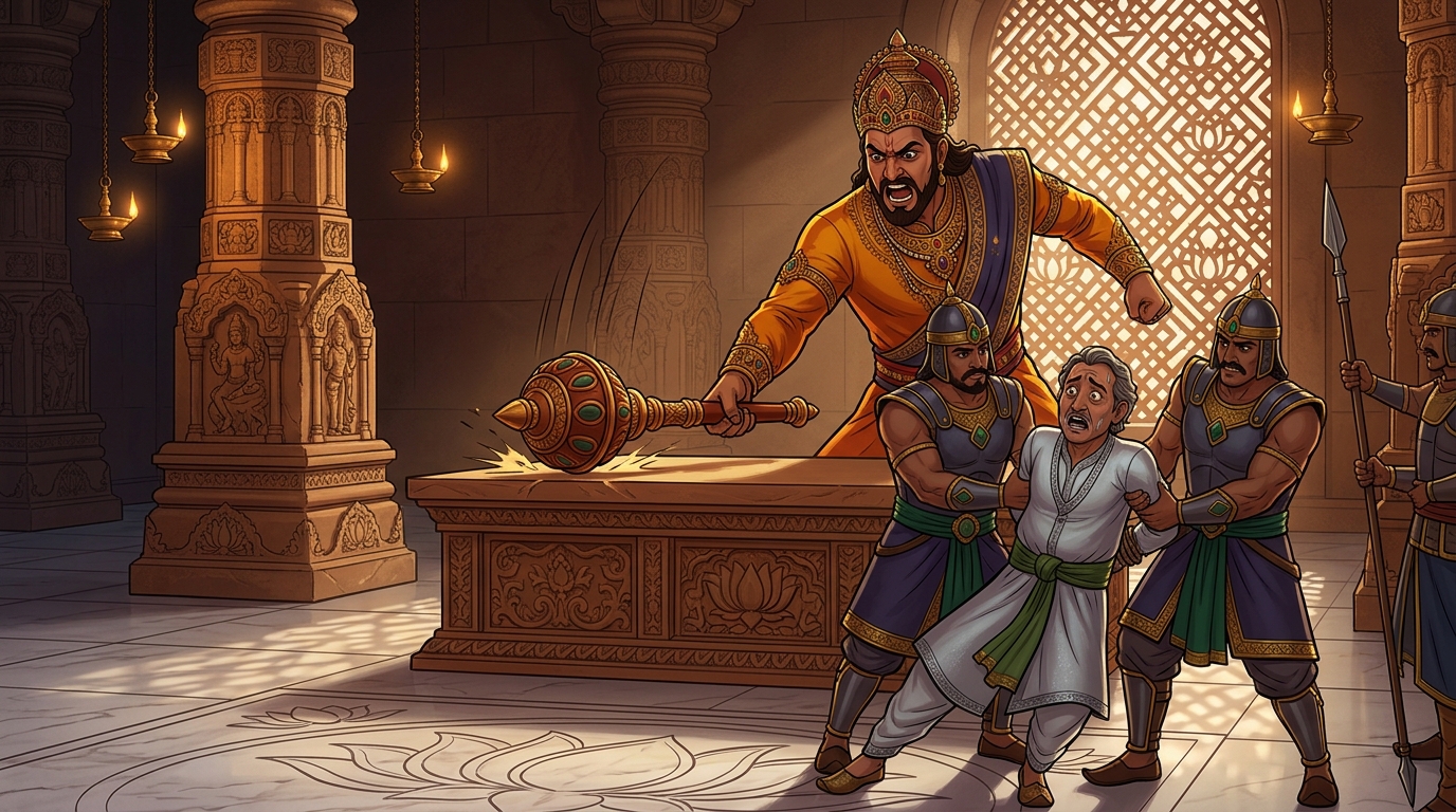 The King slams his scepter in fury at Dhanapala's frame-up; royal guards seize the guildmaster