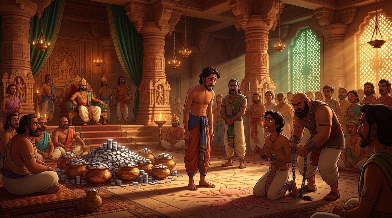 Dhanapala is stripped of title and fined fifty thousand silver coins; Devadasa is freed