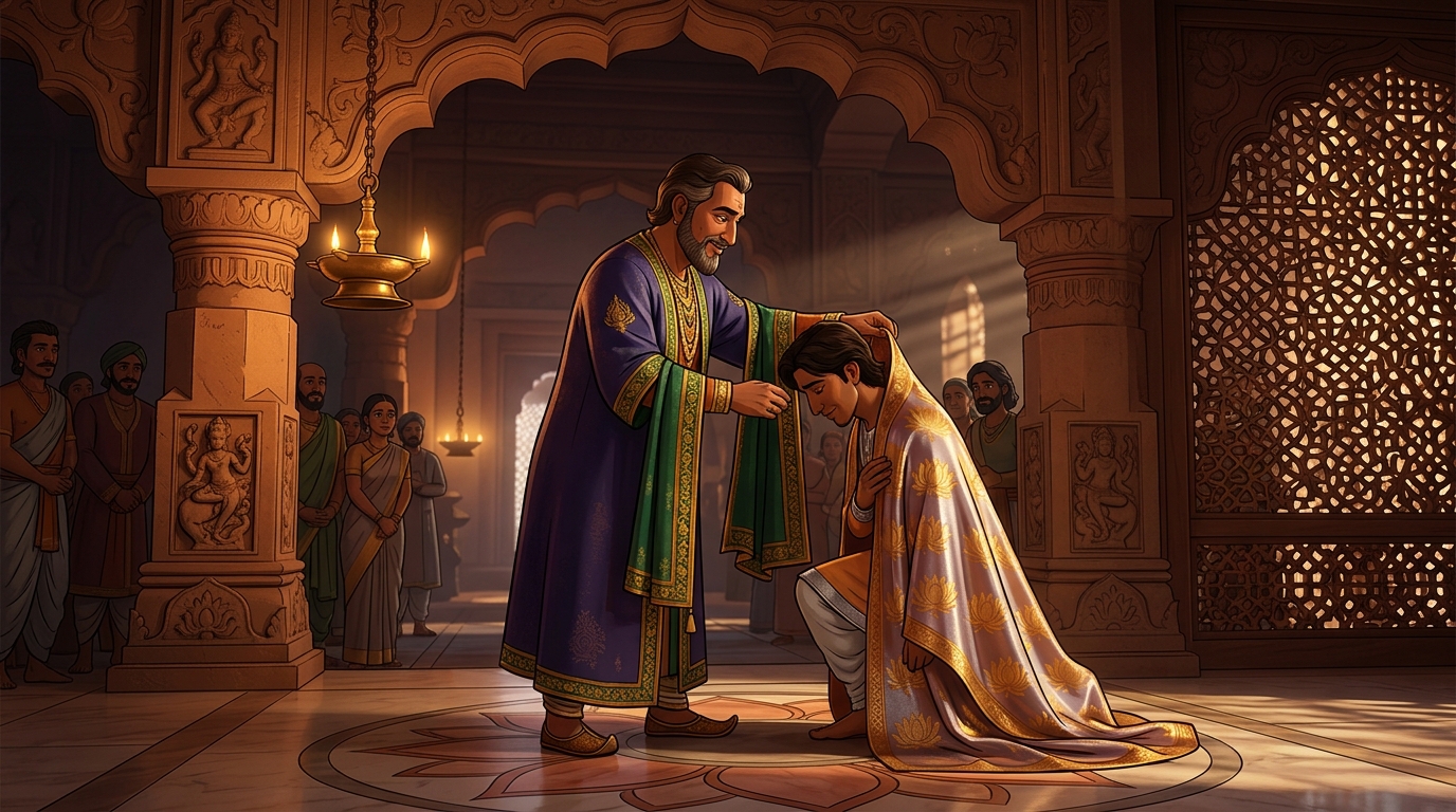 The King appoints Devadasa Imperial Master of Silk Weavers, presenting him with a royal robe