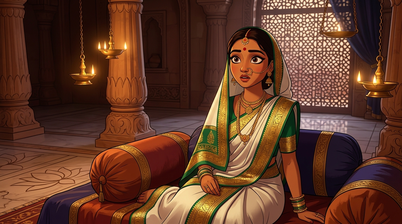 Prabhavati sitting on the bolsters, wide-eyed with realization at the weaver's forensic truth