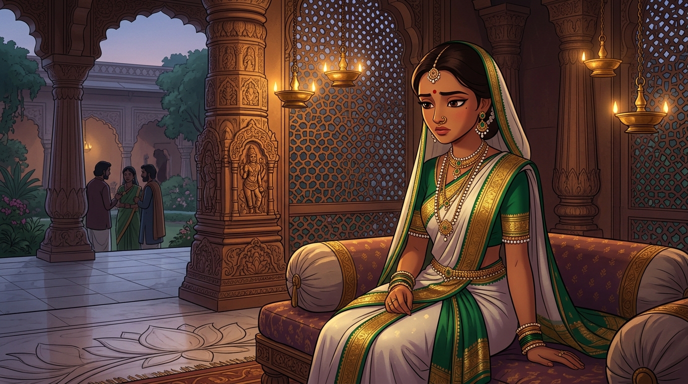 Prabhavati in deep contemplation, realizing suitors' flatteries are clumsy traps