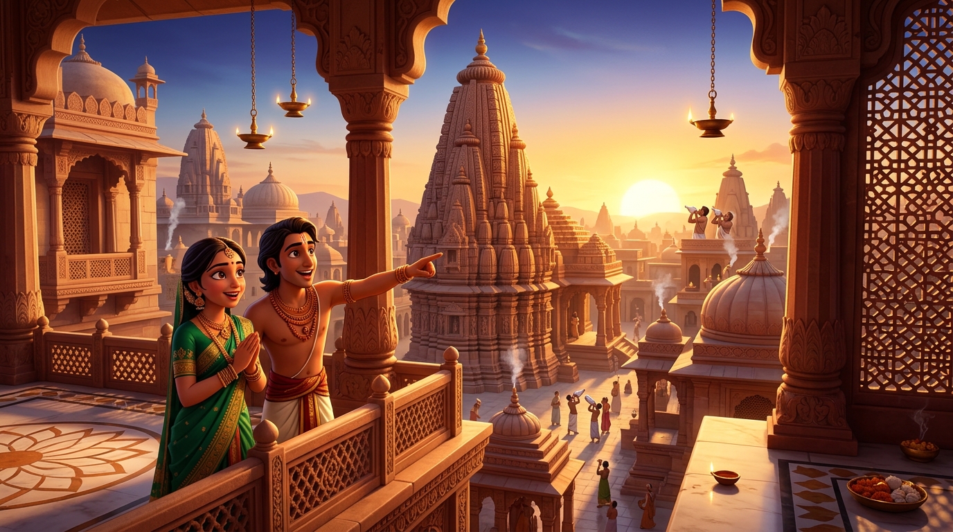 Golden dawn sunlight flooding across the Chandravati skyline as temple conches sound