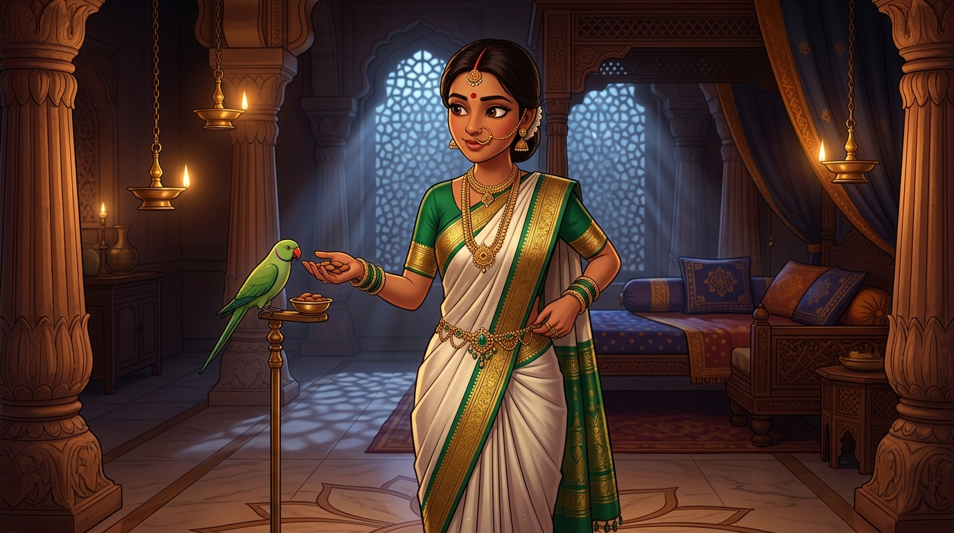 Prabhavati unclasps the emerald waist chain, gives Shuka sweet almonds, retreats peacefully