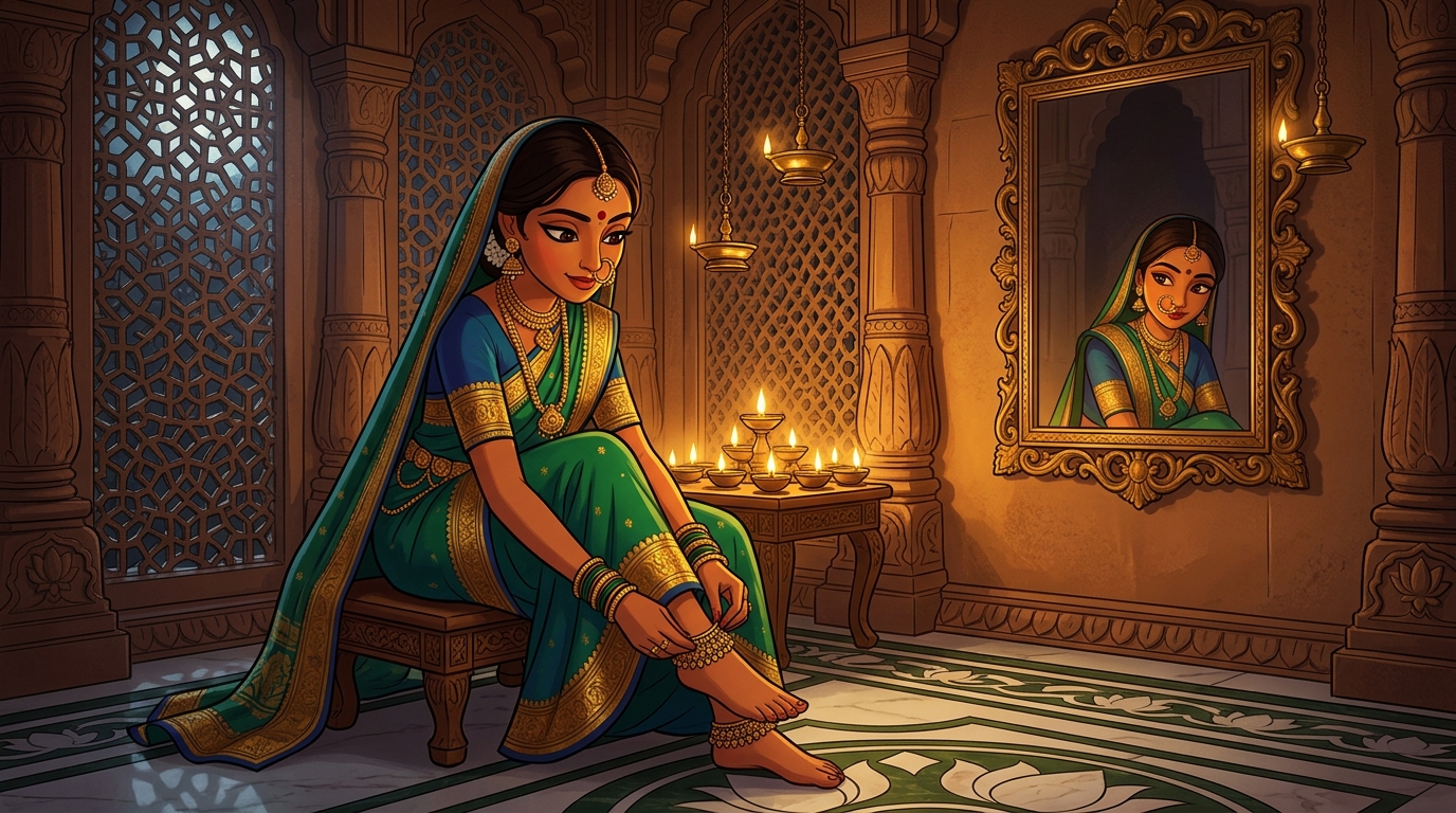Prabhavati in emerald-green and gold silk fastening the anklet by candlelight