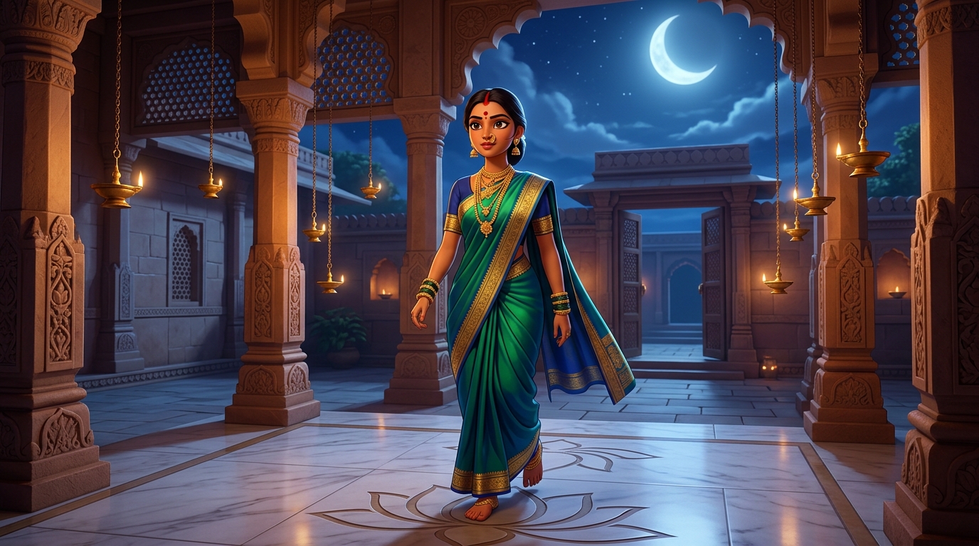 Prabhavati walking toward the courtyard gate with swift, confident steps under the moonlit sky