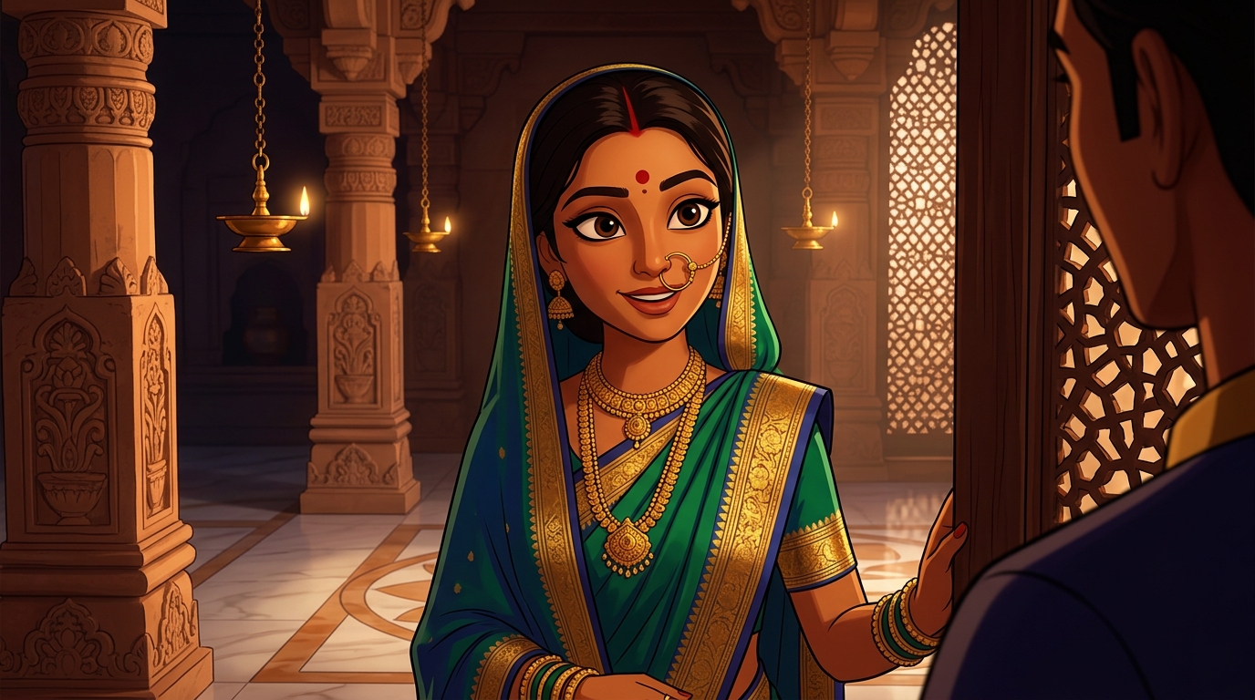 Prabhavati pausing on the doorstep with an amused smile