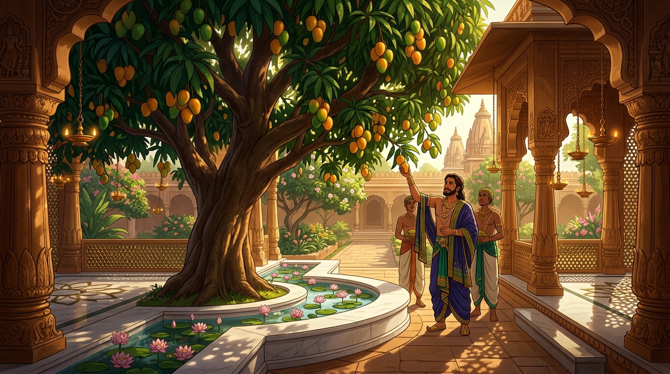 In the botanical gardens of Kalinga, King Udayana's sacred golden mango tree heavy with ripe fruit