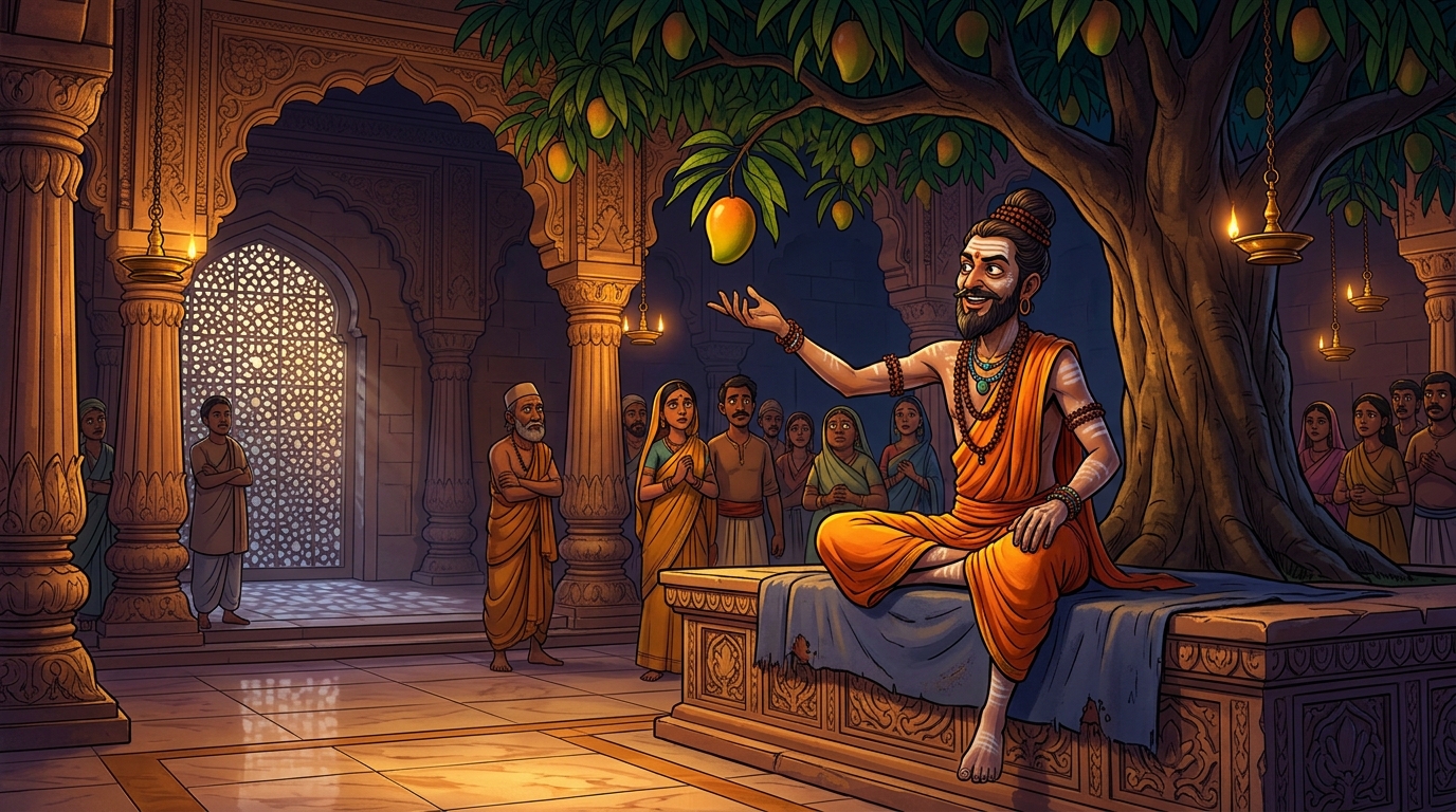 Charlatan yogi Maya-Yogi seated beneath the tree, declaring it possesses a divine speaking spirit