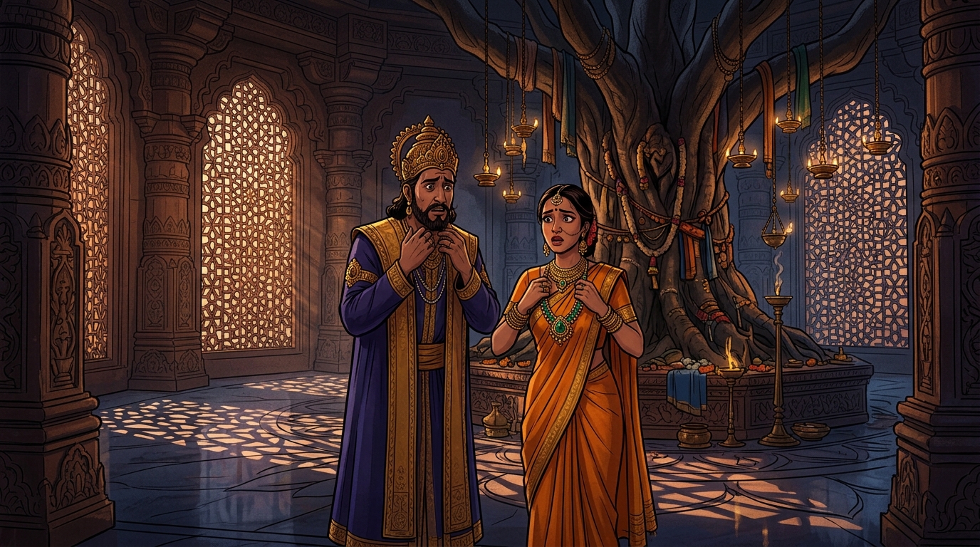The King and Queen tremble in fear, about to unfasten the emerald necklace