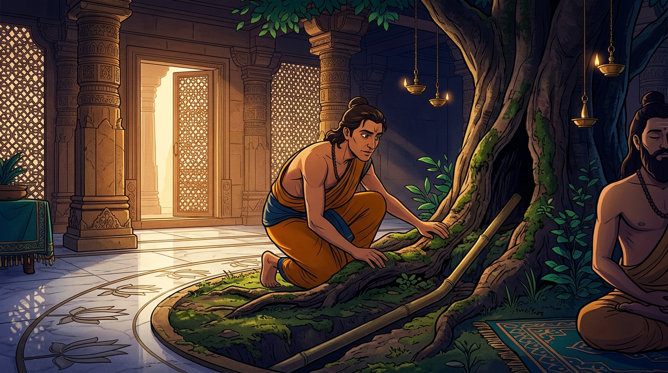 Vrikshamitra inspects tree roots, discovering a hidden bamboo pipe leading to underground pit