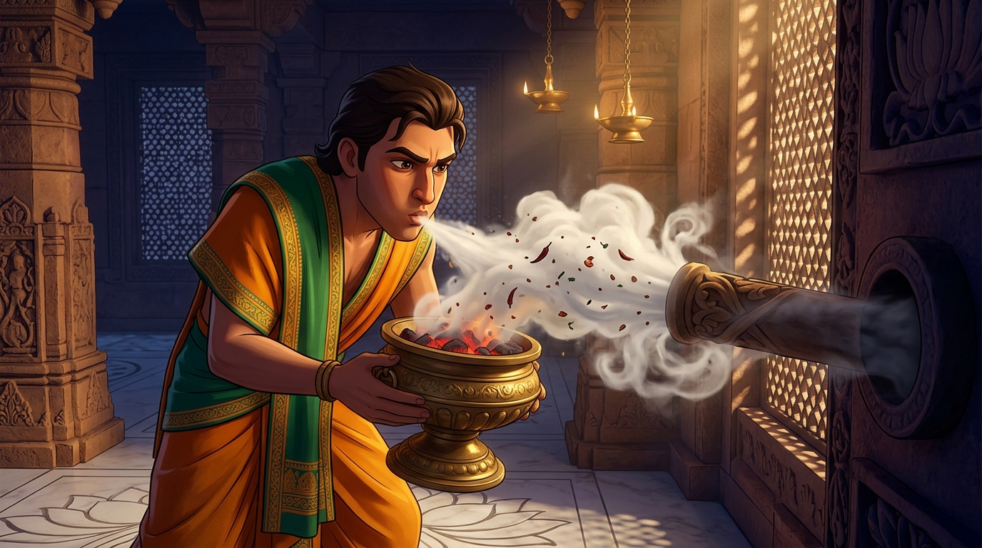 Vrikshamitra brings a brazier of burning red chilies, blowing pungent smoke into the pipe