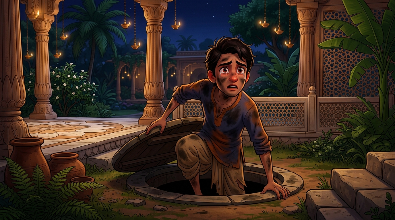 The yogi's accomplice scrambles out of a hidden trapdoor with tears and soot on his face