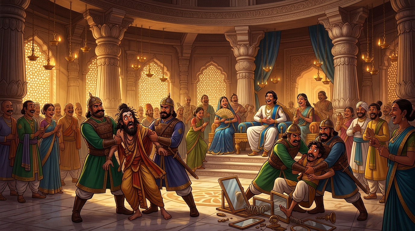 Royal guards seize both the charlatan yogi and accomplice as court laughs at exposed fraud